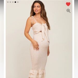 Taupe Floral Knot Front Smocked Maternity Midi Dress
